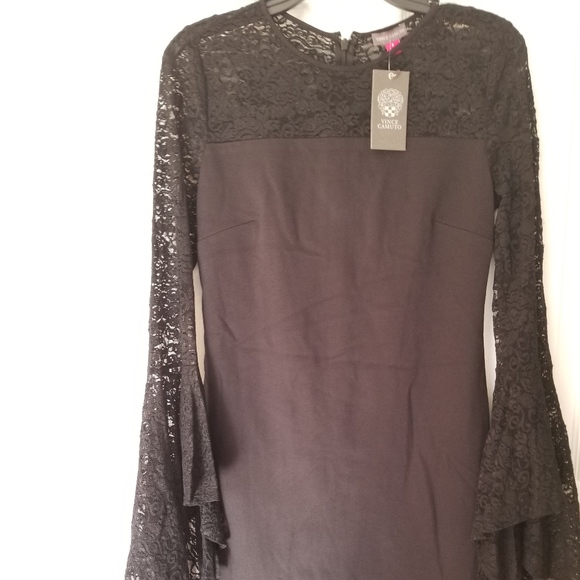 Vince Camuto Bell Sleeve Lace Ponte Dress Black - Picture 5 of 8